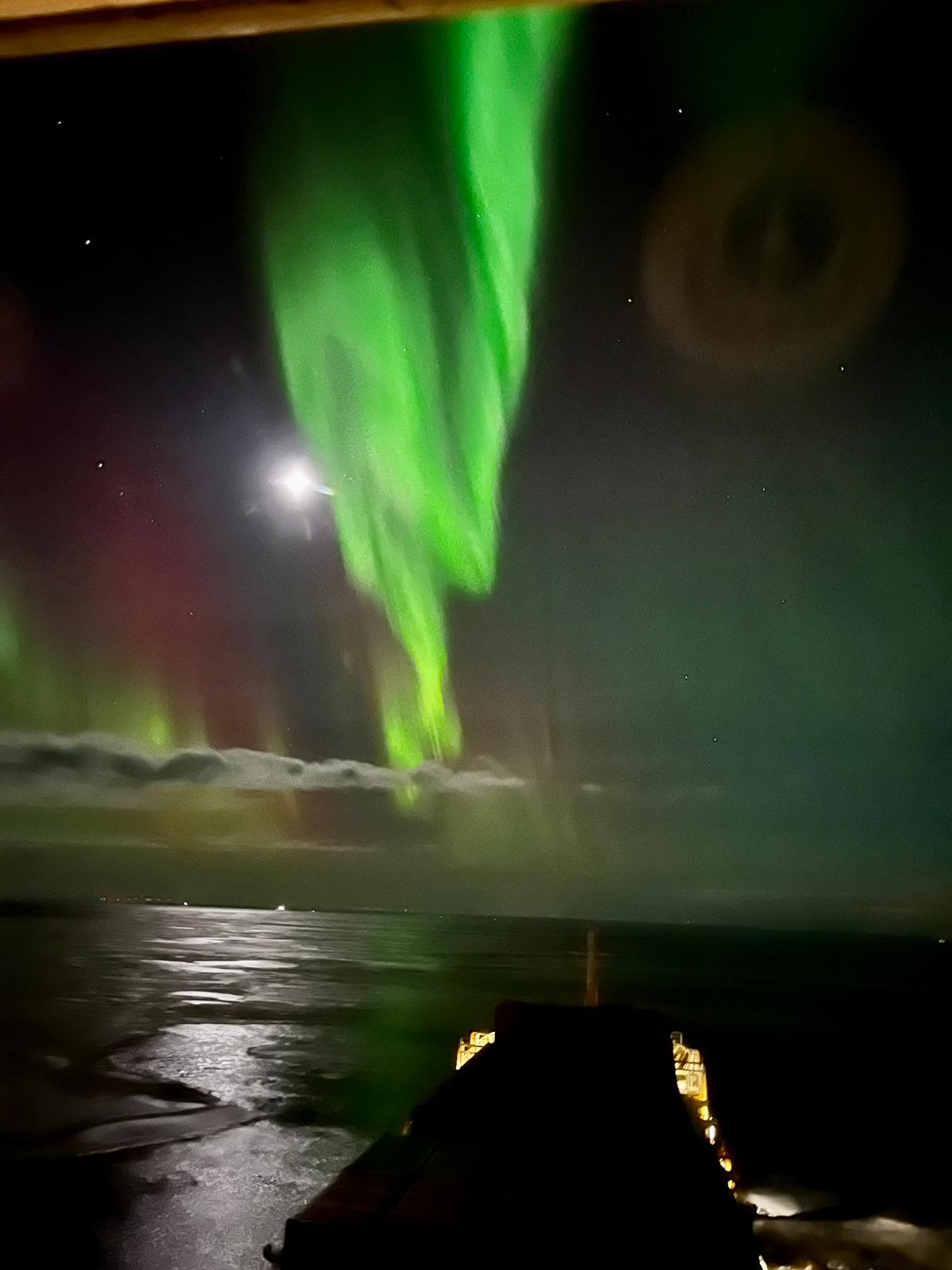 northern lights view from cargo ship to Tornio