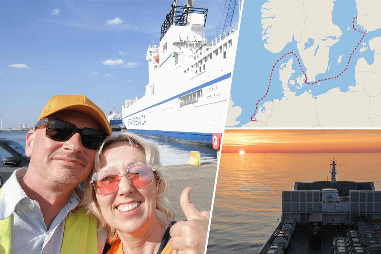 collage van 3 beelden met kaart van cargoschip route, Sacha Van Wiele en vrouw op cargo schip